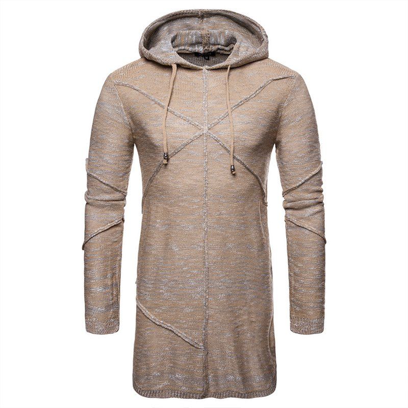 

New Fashion Men Long Patch Colors with Cap Long Sleeve Casual Sweater Coat, Warm white