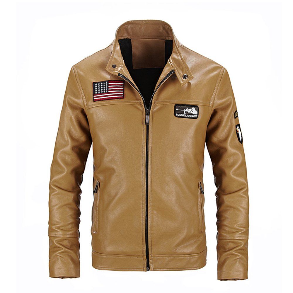 

Winter Fashionable Stand Collar Short Pile Leather Bomber Jacket, Light khaki