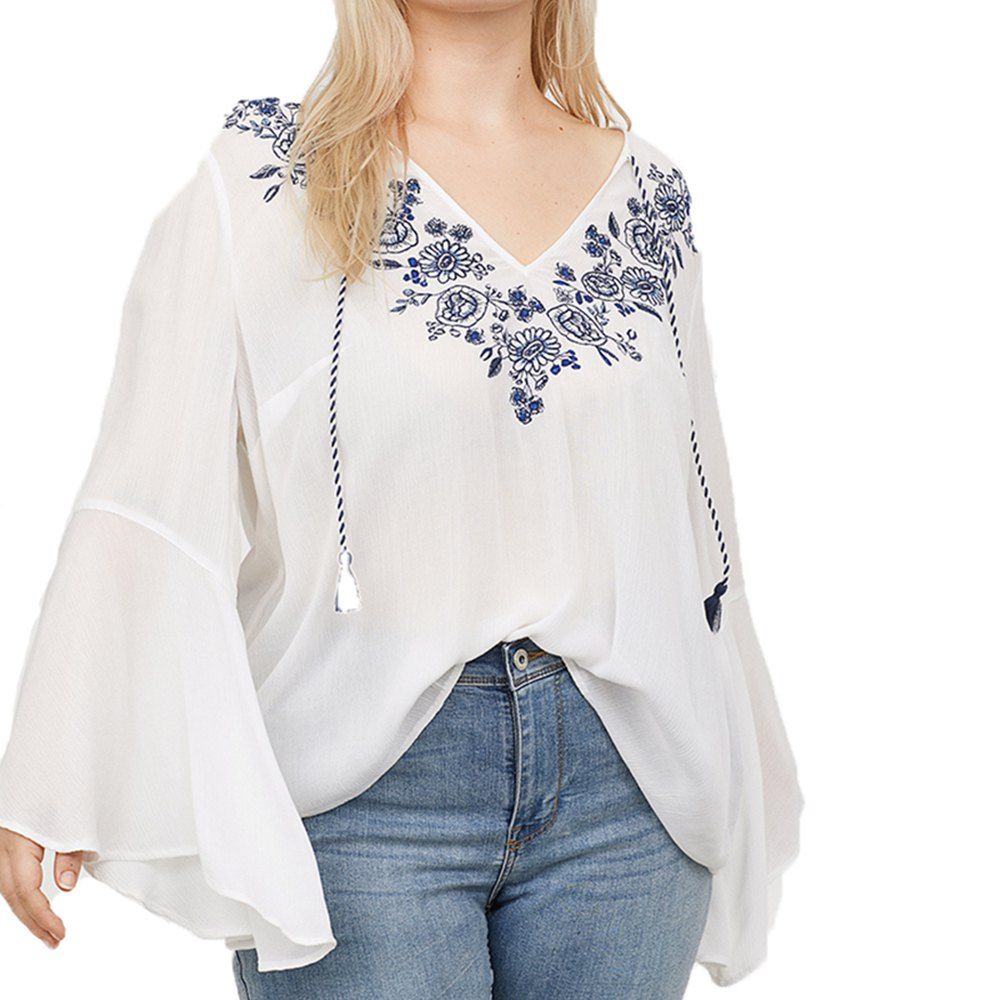 

Embroidered Ties Flared Sleeves Loose Long-Sleeved Shirt, White