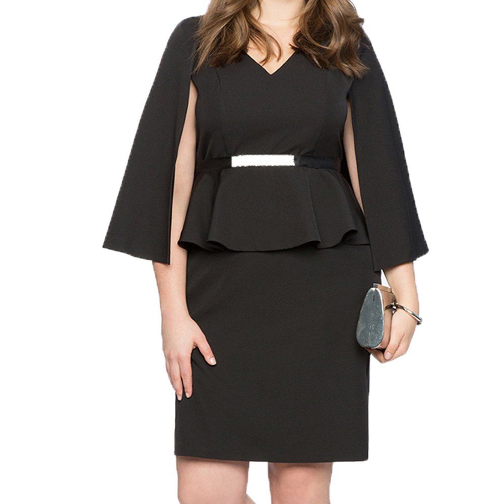

Plus Elegant Black Cloaked Ruffled Hip Dress, Jet black