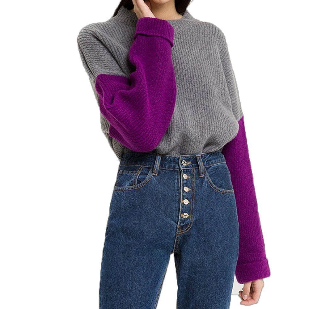 

Contrast Stitching Loose Drop Shoulder Knit Sweater, Multi-a