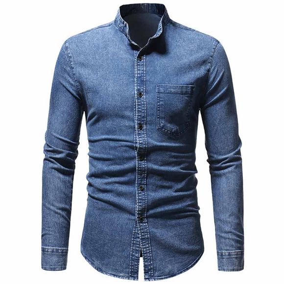 Chemise à manches courtes en denim délavé et à manches longues pour hommes - Bleu 3XL