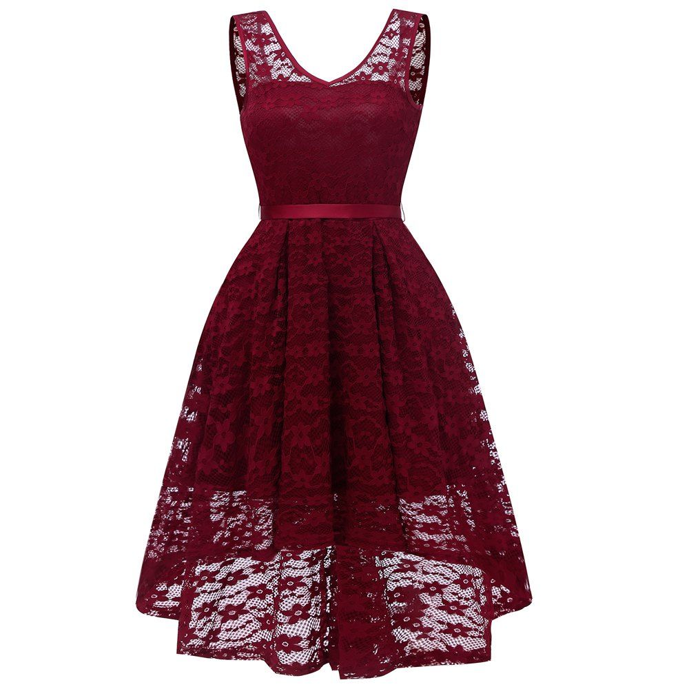 

Lady Lace V Collar Slim Tailed Dress, Red wine