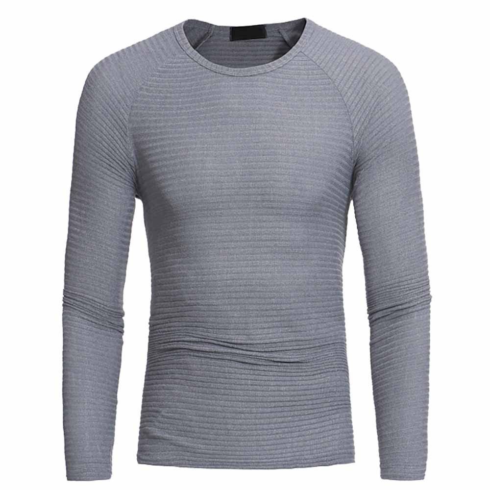 Men's Fashion Round Neck Horizontal Stripes Stretch Casual Slim Sweater, Gray