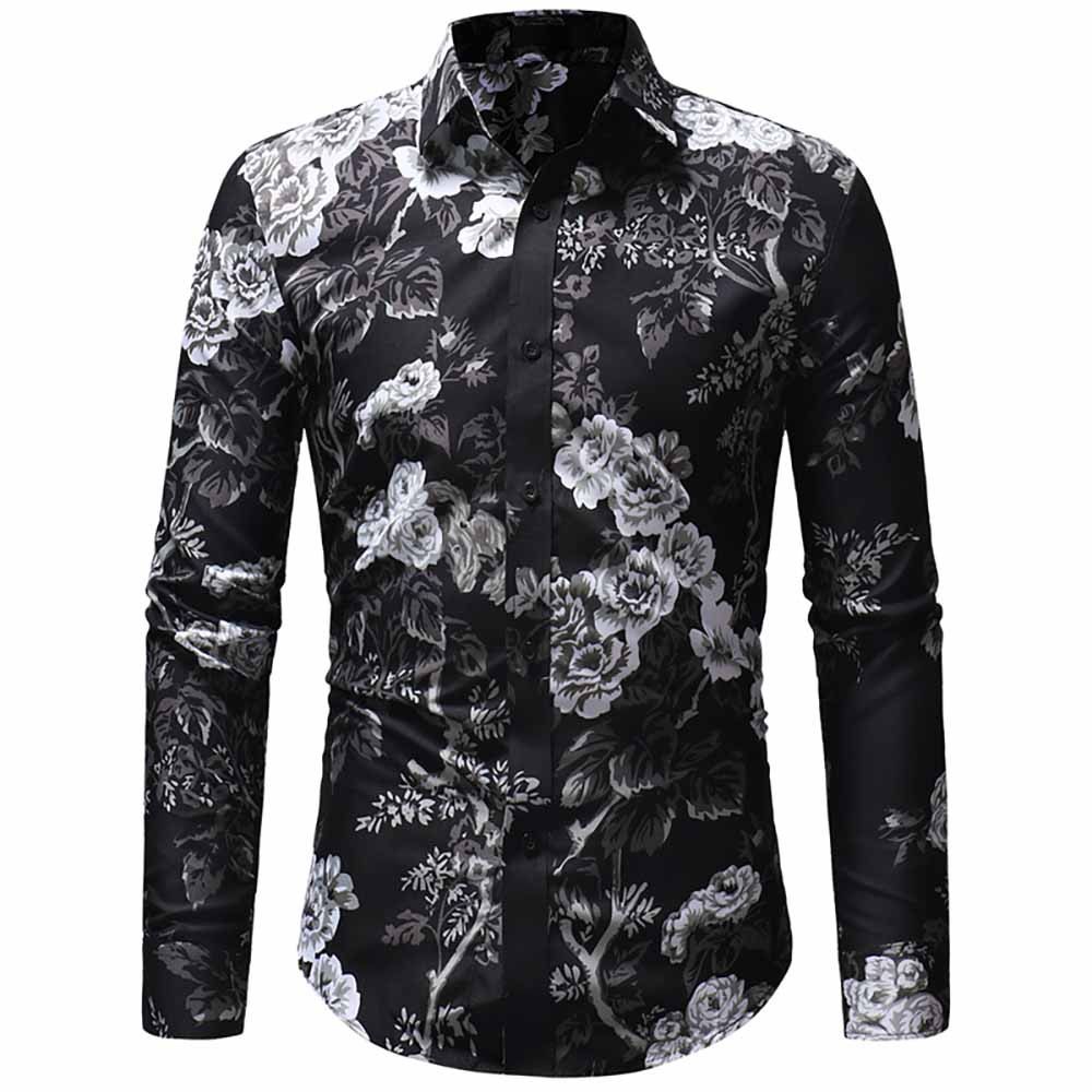 

Men'S Fashion Personality 3D Color Printing Casual Slim Long-Sleeved Shirt, Black