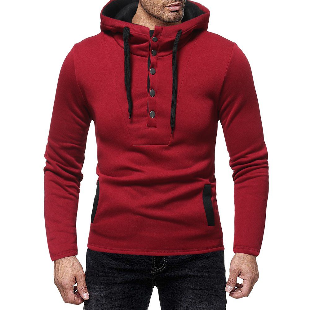 

Men's Fashion Button Stitching Contrast Color Long-sleeved Casual Slim Sweater, Red