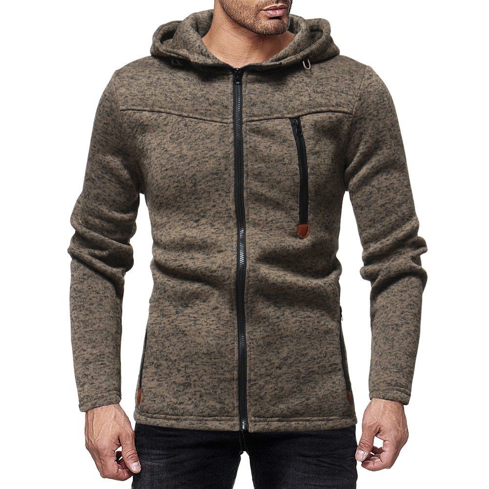 

Men's Fashion Multi-zip Solid Color Long-sleeved Hooded Casual Knit Sweater, Tan