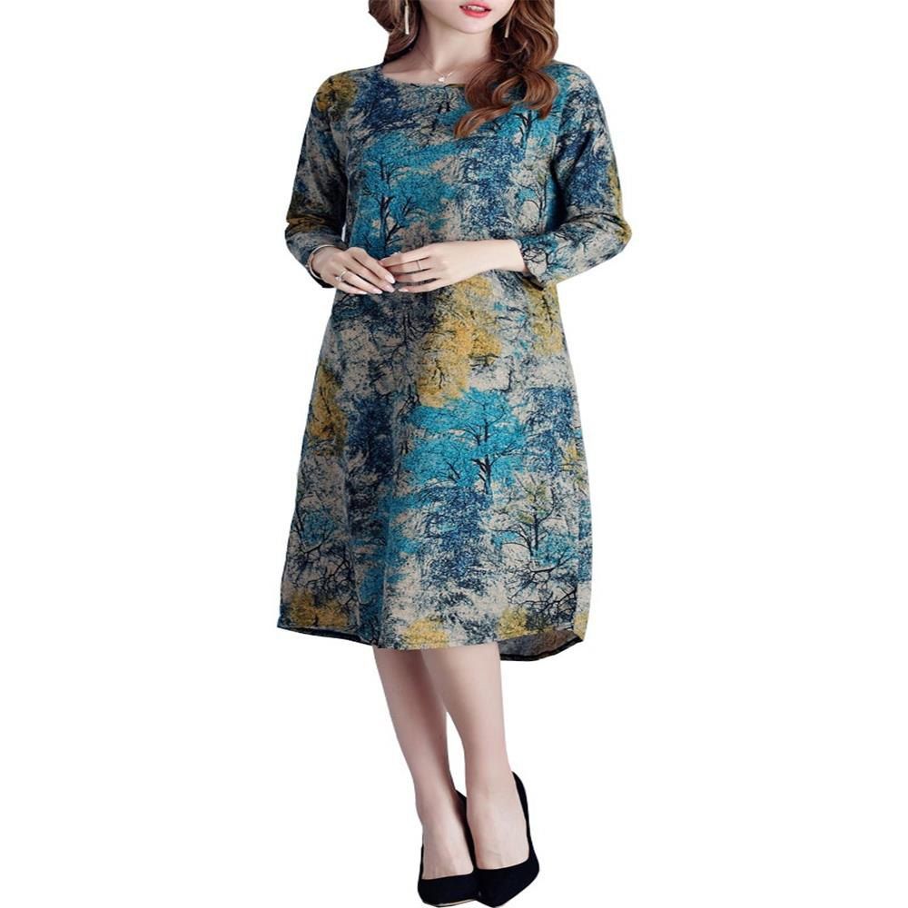 

Large Print in A Long Seven-Point Sleeve Dress Female, Turquoise