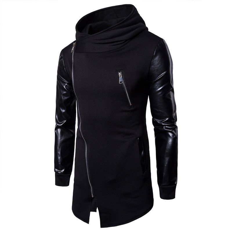 New Men Fashion Patchwork with Cap and Zipper Casual Sweatshirt Causal Hoodies, Black