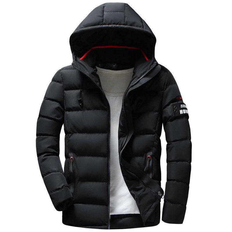 

Men Quilted Coat Solid Color Casual Warm Hooded, Black