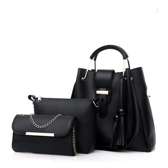 Ensemble de sac à main pour femme 3 Pcs Tassel Fashion Solid Sacs pour femme - Noir 30CM X 14CM X 22CM