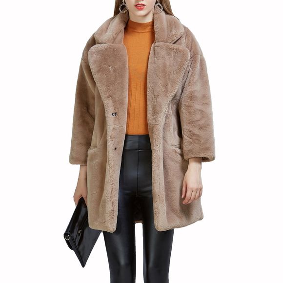Manteau en fourrure synthétique pour femmes, couleur unie, col à encoches - Brun Légère L
