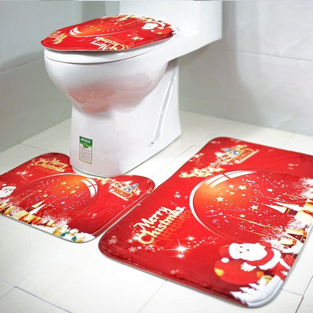 

Christmas Carpet Three-Piece Toilet Toilet Set Floor Mat Bathroom Anti-Slip Mat, Bean red