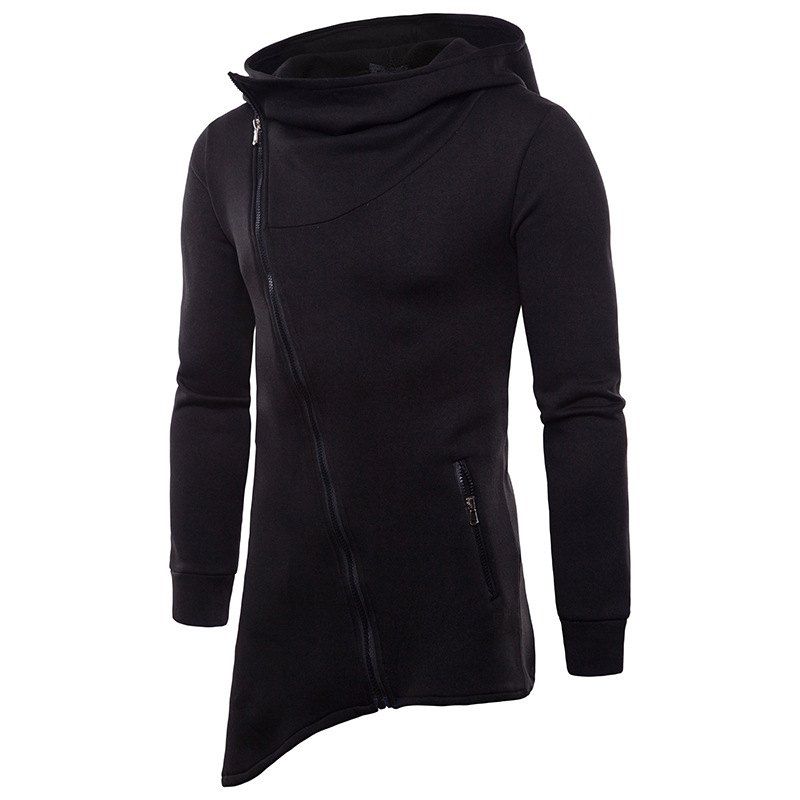 

Solid Color Diagonal Zipper Long Section Men' Hooded Sweater, Black