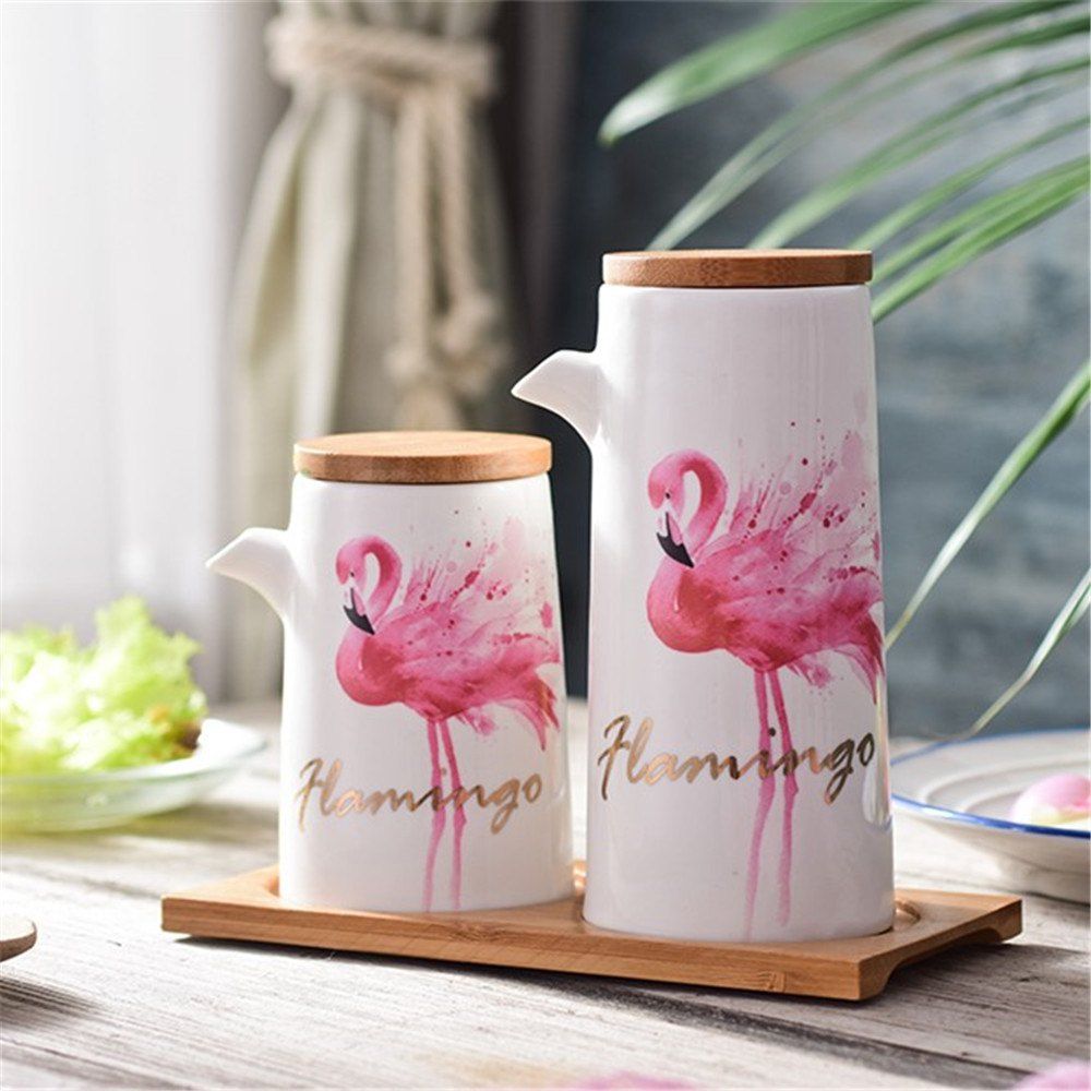 

Modern Style Flamingo Patte Oil Bottles With Wooden Tray, Multi-a