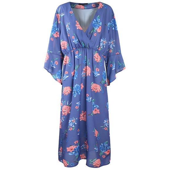 Kimono Flowerprinting Tie Plus Size Dress - multicolor A 3XL