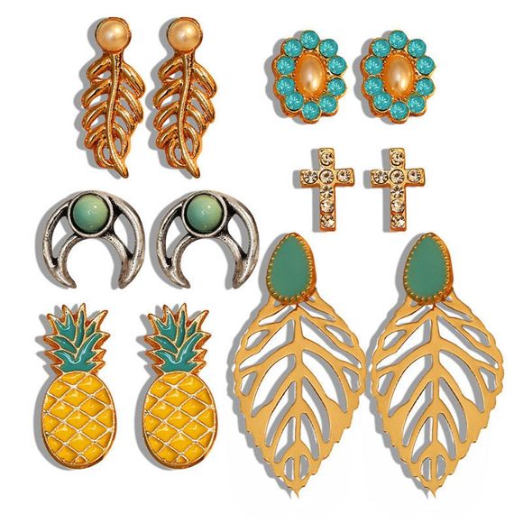 Bohemian Ananas Leaves Stud Earrings Set pour les femmes - multicolor J 6 PAIRS
