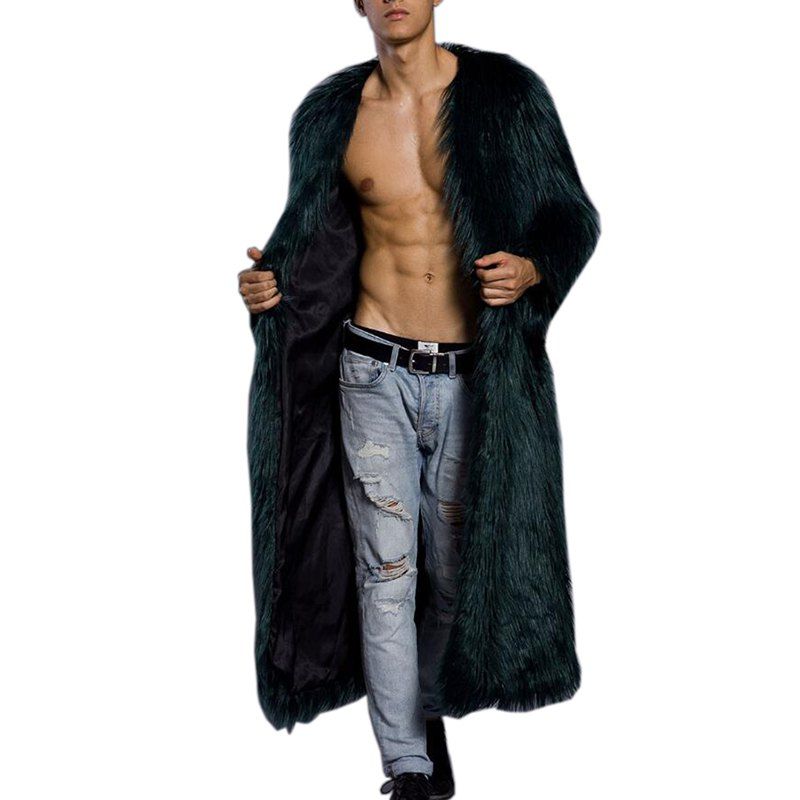 

Men's Faux Fur Coat V Neck Long Sleeve Long Winter Overcoat, Dark forest green