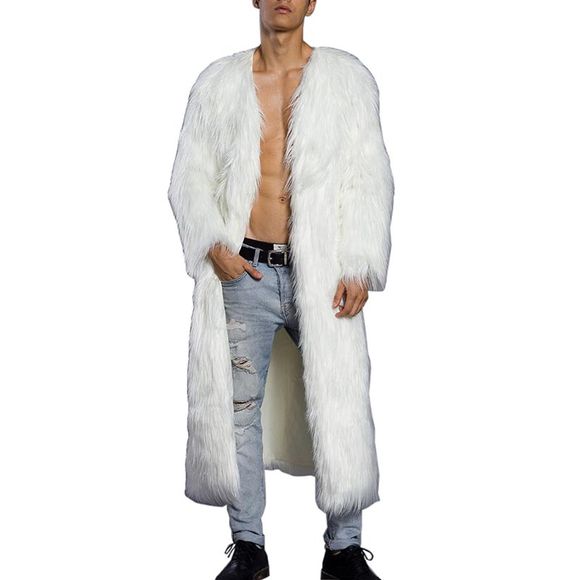 Manteau à capuche en fausse fourrure pour homme, col V et manches longues - Blanc 3XL