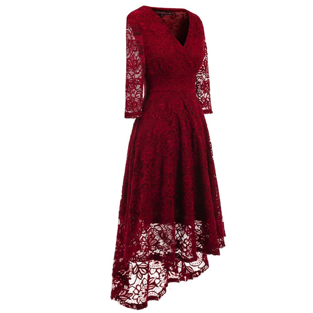 

High End Lace V Collar Slim Irregular Long Dress, Red wine