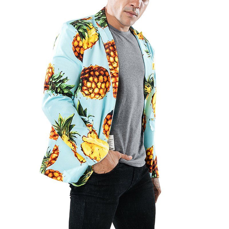 

Pineapple Print One Button Men's Lapels Suit, Light blue