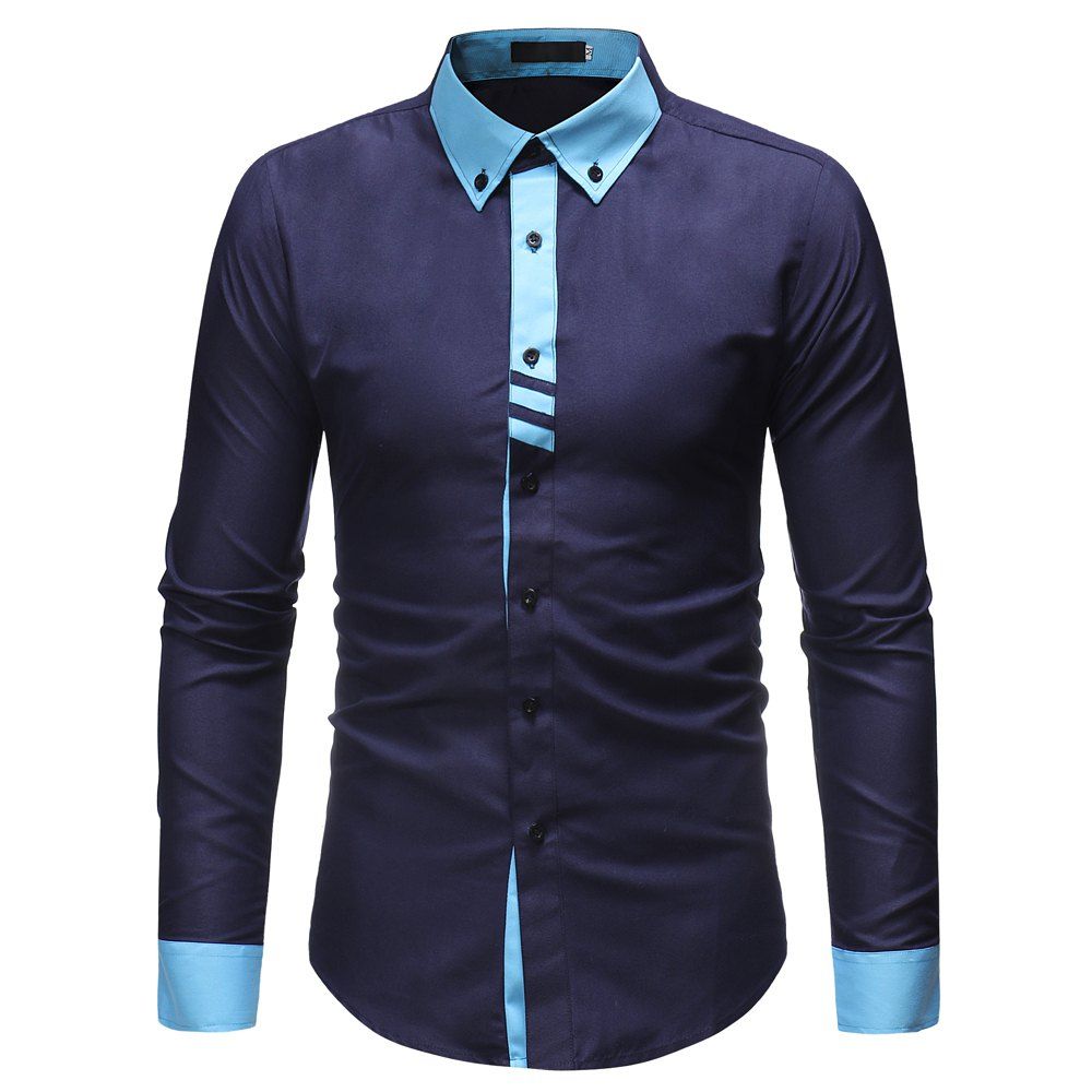 

Men's Fashion Contrast Color Stitching Casual Slim Long-sleeved Shirt, Cadetblue