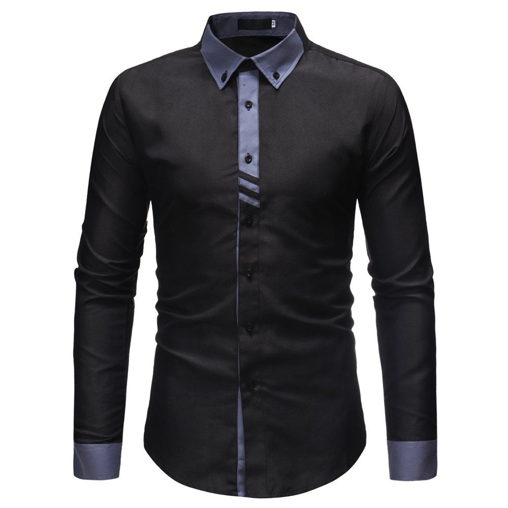 

Men's Fashion Contrast Color Stitching Casual Slim Long-sleeved Shirt, Black