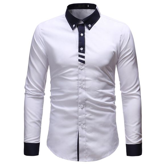 Chemise à manches longues Slim Fit Casual pour hommes, couleur contrastante - Blanc 2XL