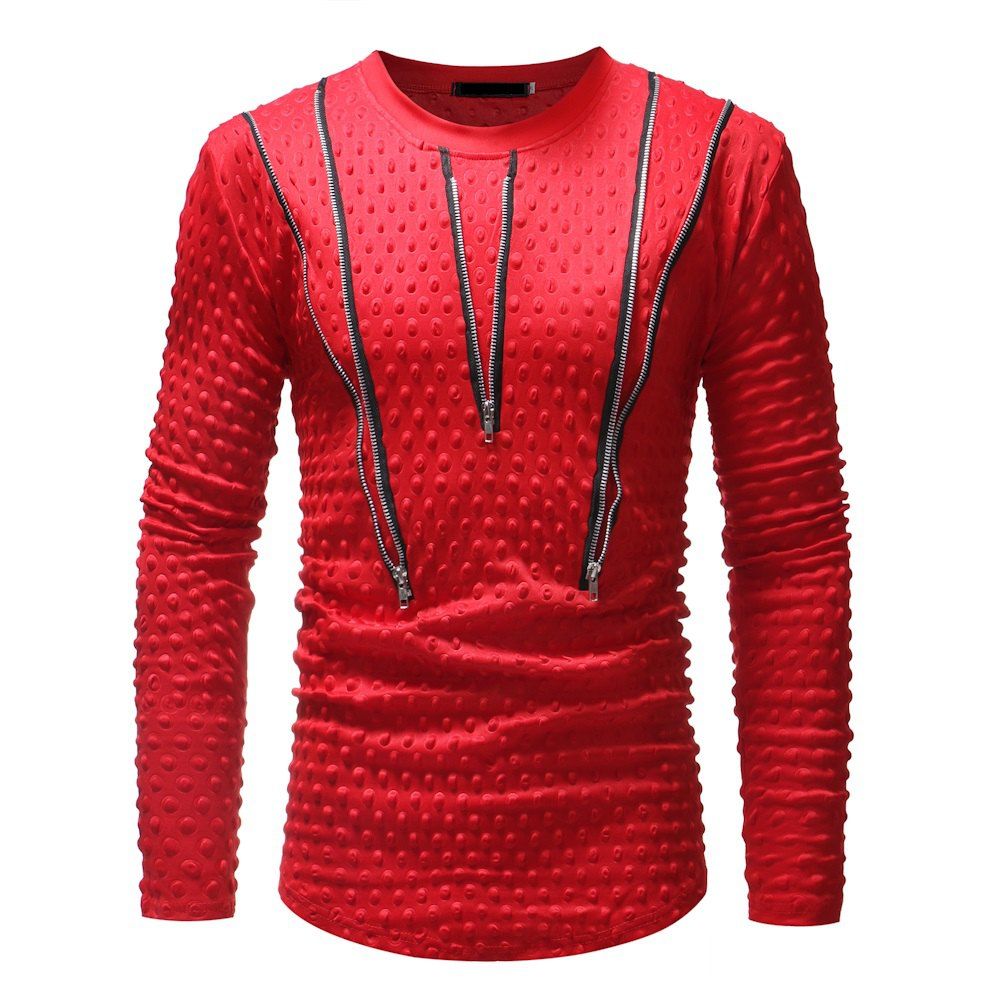 

Men's Fashion Zipper Stitching Round Neck Long Sleeve Casual Slim T-shirt, Red