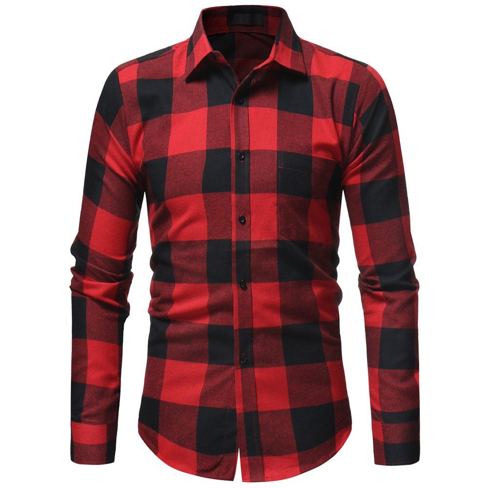 

Flannel Plaid Men's Casual Slim Long-sleeved Shirt, Red