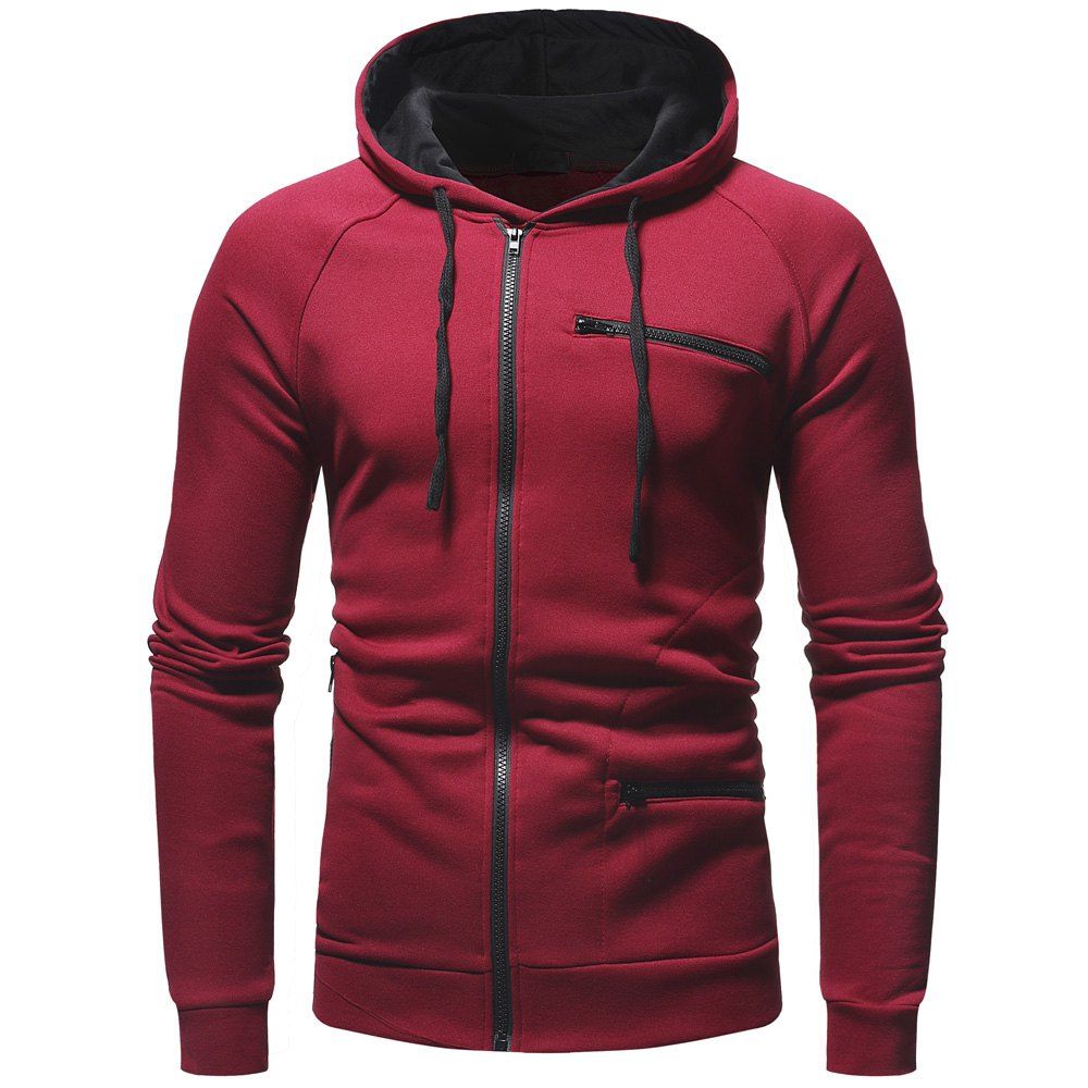 

Zipper Decoration Men's Casual Fashion Wild Hoodie Sweater, Red wine