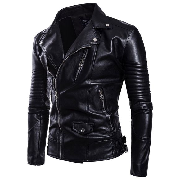 Veste en cuir de vêtement homme épaissie revers couleur unie manteau noir - Noir 3XL