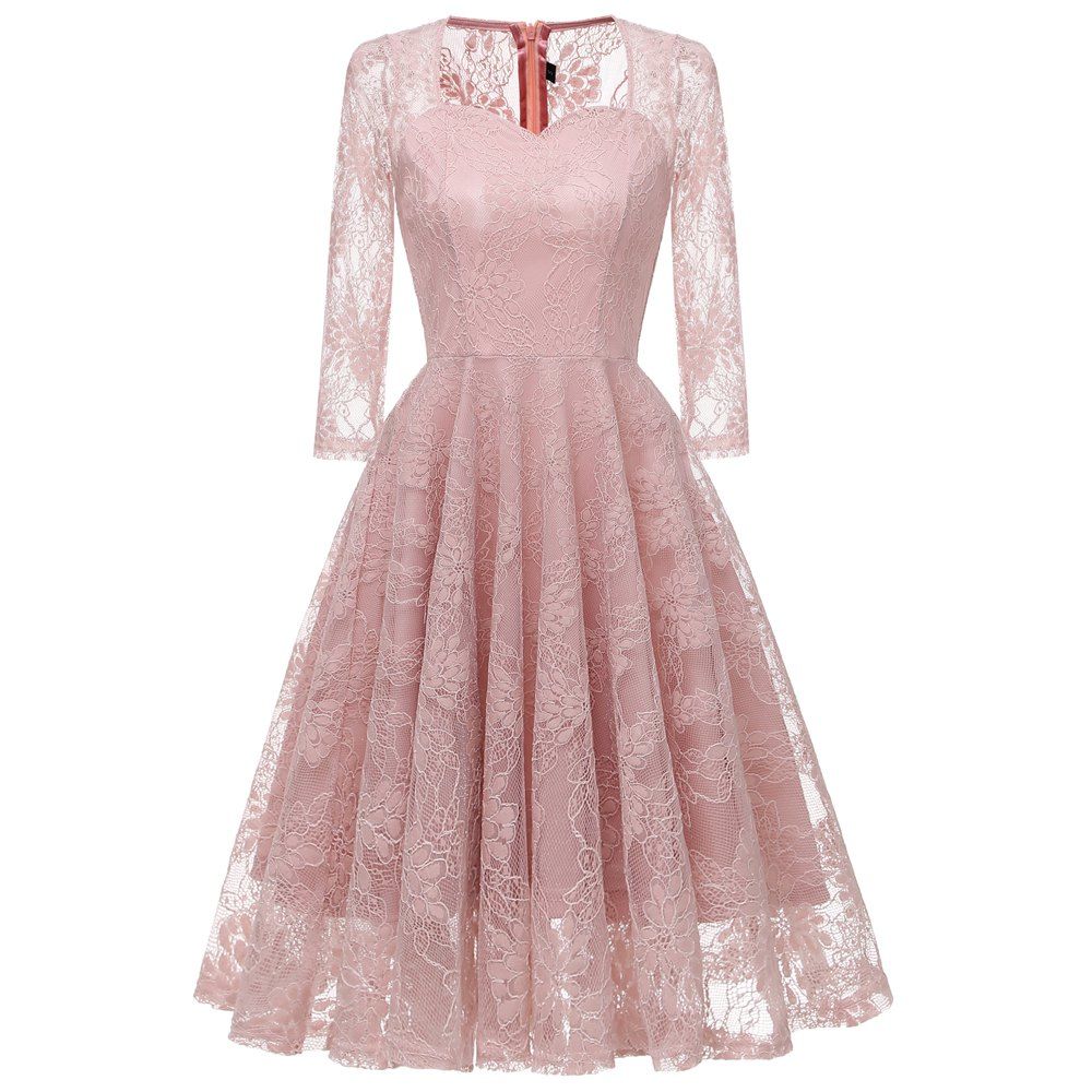 

Lace Embroidery Seven Point Sleeve Evening Dress, Pink
