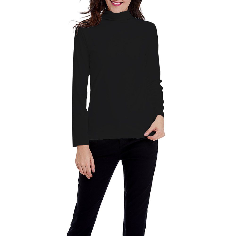 

Women's Solid Color Turtleneck Long Sleeve Velour Bottom Tops Tee T-shirt, Black