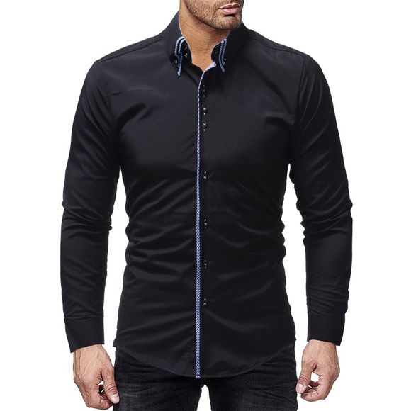 Chemise Casual Slim à manches longues pour hommes avec double col et bordure de porte - Noir 4XL