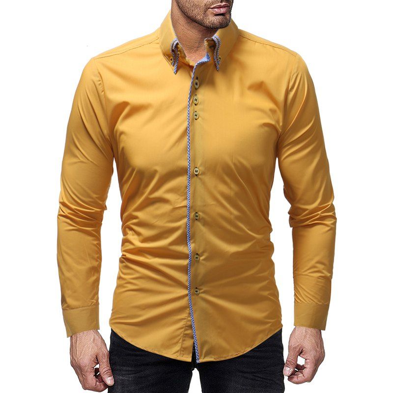 

New Double-Layer Collar Door Edging Men's Casual Slim Long-Sleeved Shirt, Bright yellow