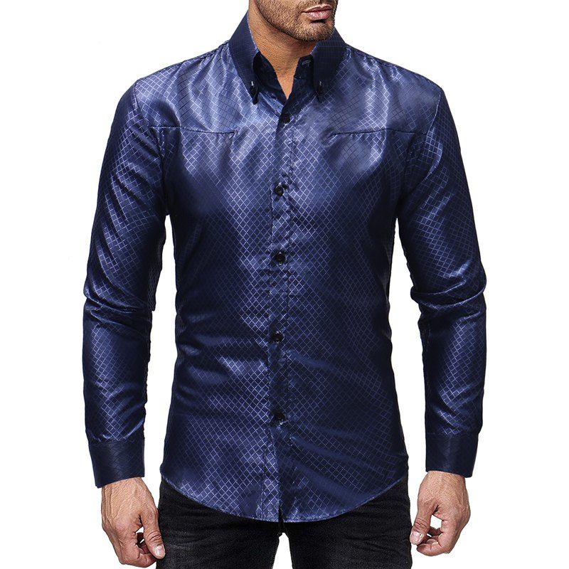 

Winter New Rhombic Jacquard Design Men's Casual Slim Long-Sleeved Shirt, Cadetblue