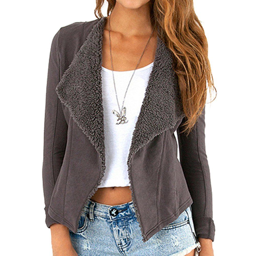 

HAODUOYI Women's Lapel Buttonless Jacket Slim Suede Jacket Grey, Gray