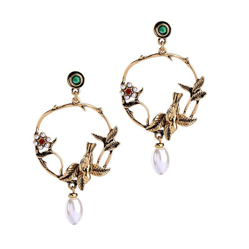 

Three Dimensional Birds Flowers Branches Exaggerated Earrings, Gold