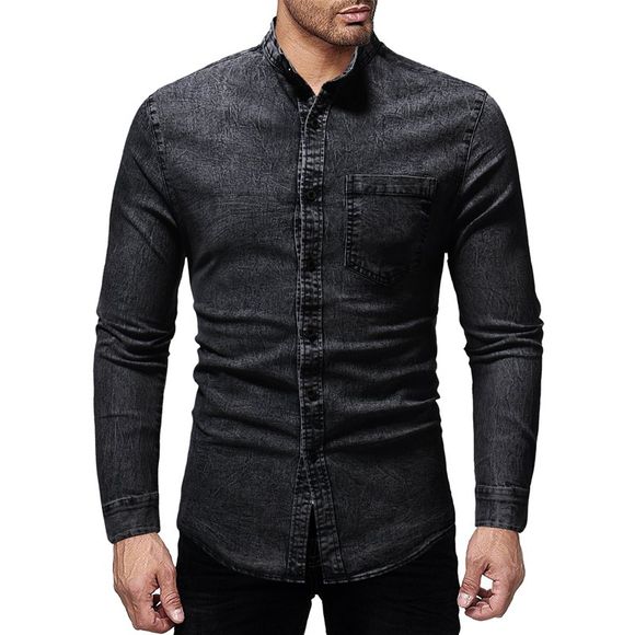 Chemise délavée à manches longues décontractée pour hommes d'hiver - Noir 2XL