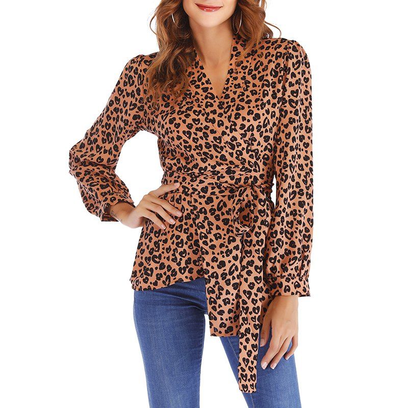 Autumn Lacing Lace V Collar Leopard Shirt - TIGER ORANGE M