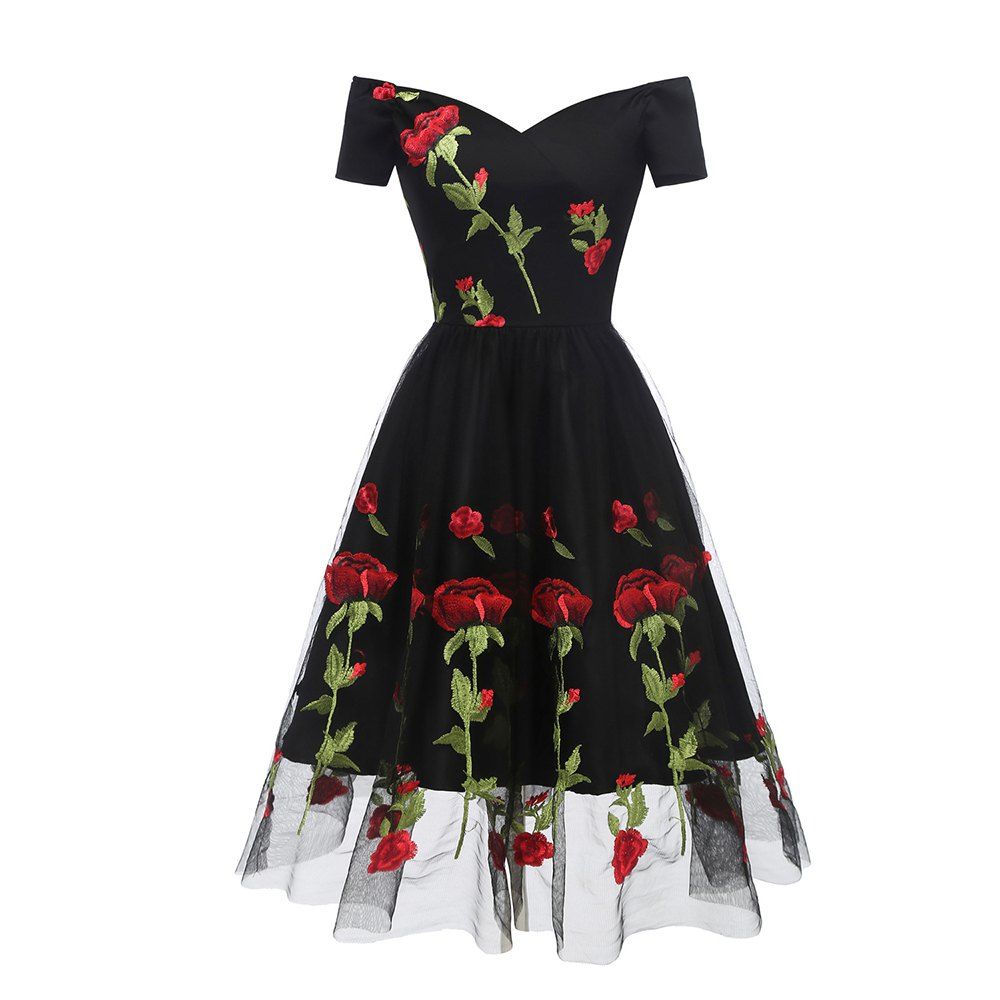 

Evening Party Embroidered Rose Bud Silk Gauze Dress, Black