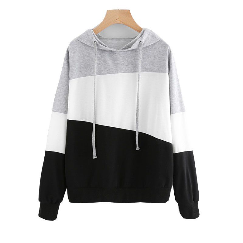 

New Long Sleeve Stitching with Matching Color Hooded Blouse, Black