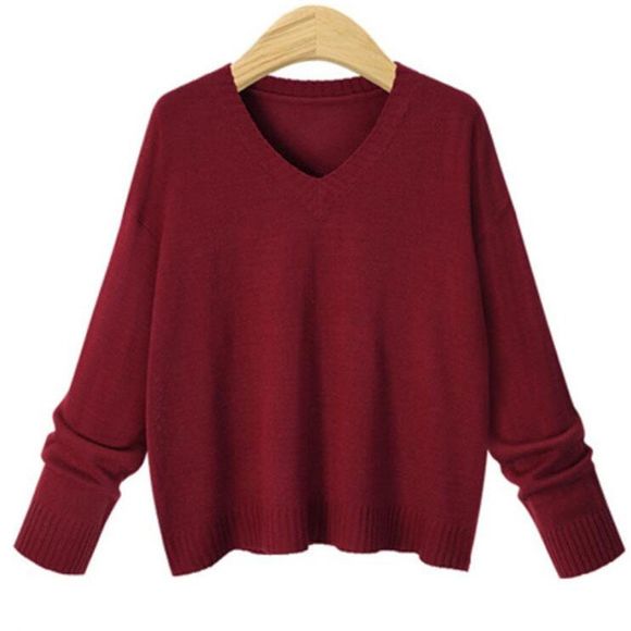 Pull femme col V manches longues - Rouge Vineux 3XL