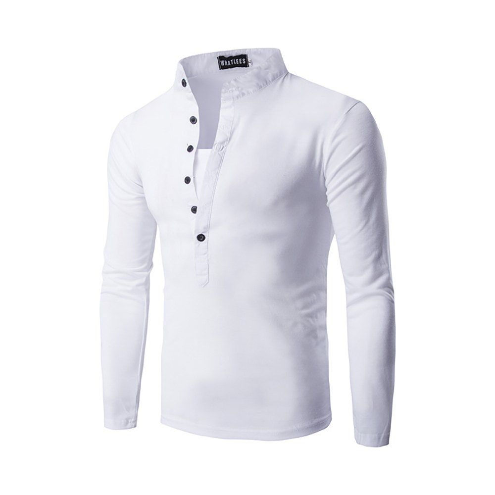 

Men's Solid Color Collar Button Placket Long-sleeved T-shirt, White