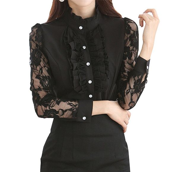 Nouvelle dames bureau clubbing top chemise en mousseline de soie victorienne dentelle femmes chemisier - Noir XL