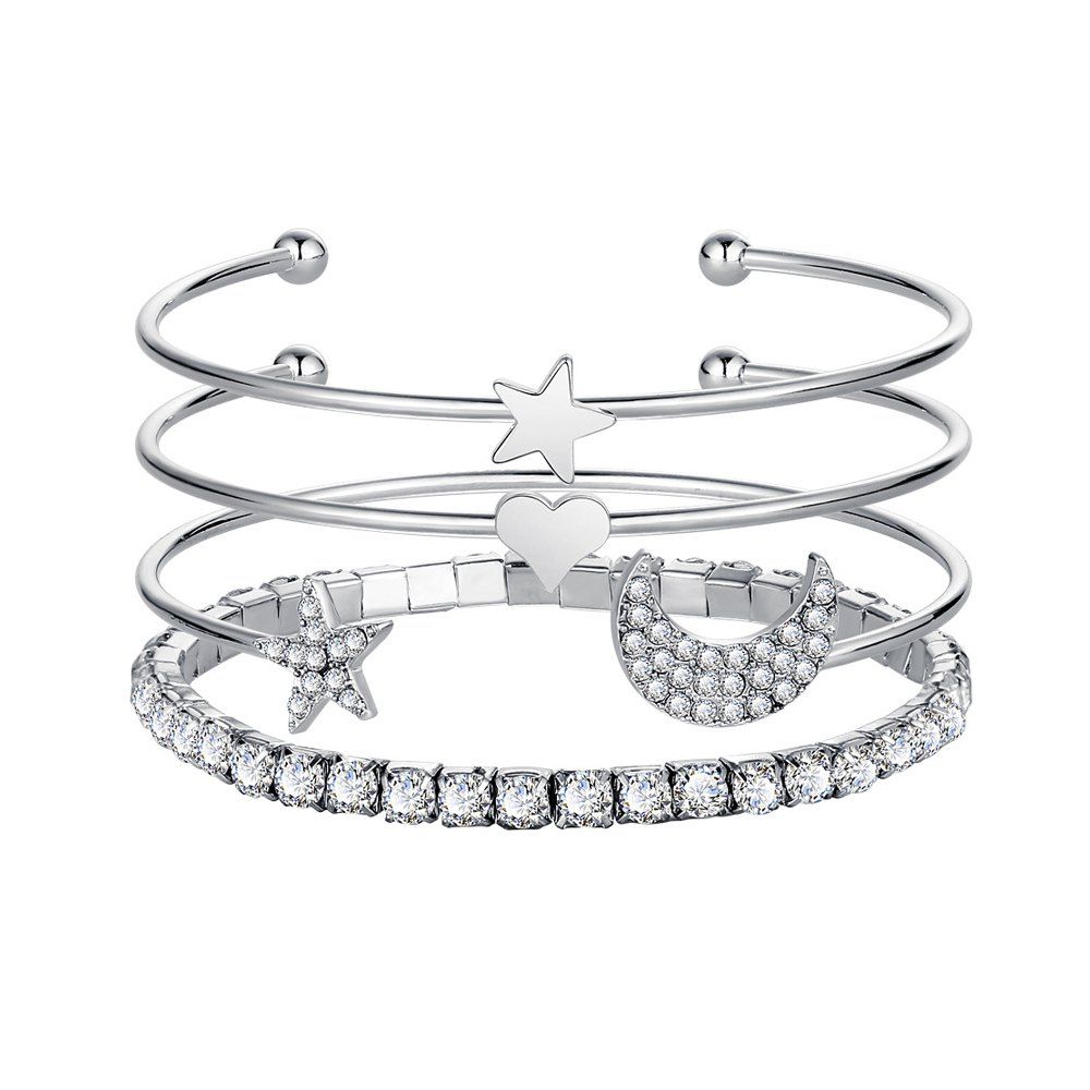 

4pcs Gold Color Star Geometric Crystal Chain Bracelet, Platinum