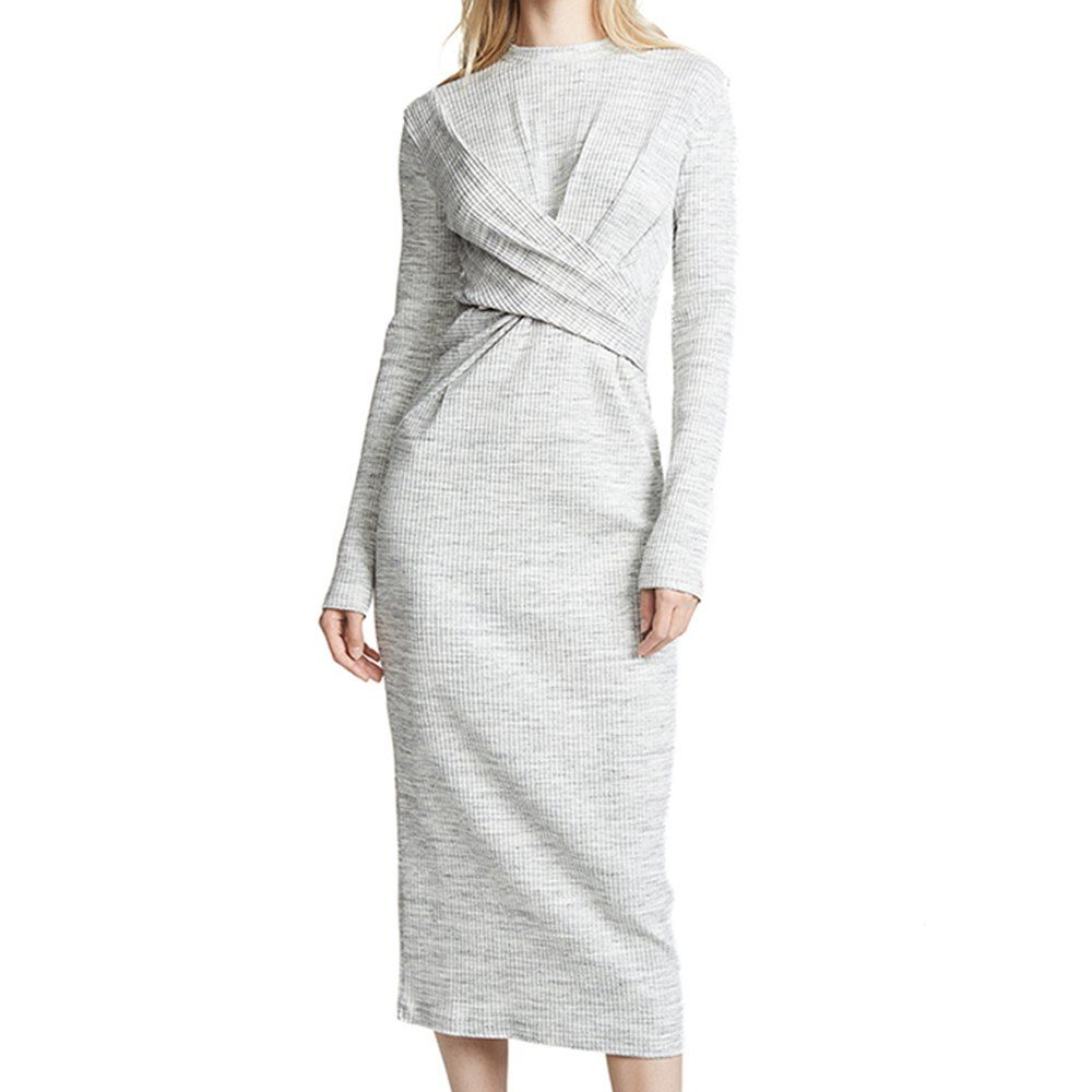 

SHEINNET Women'S Draped Slim Fit Round Neck Long Sleeve Knit Dress Gray, Light gray