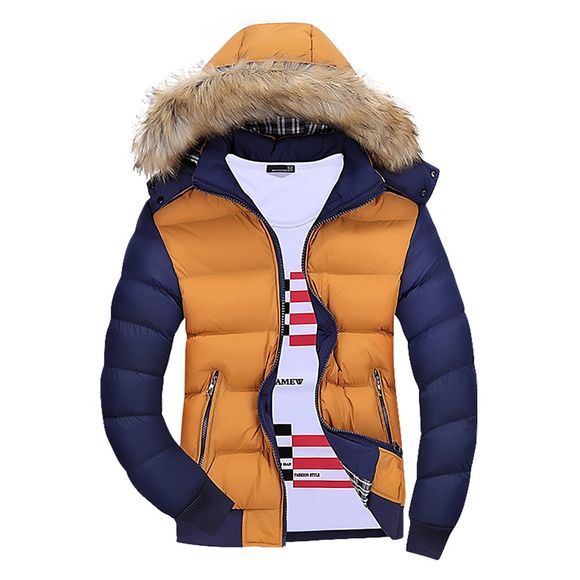 Manteau chaud à capuche pour hommes, couleur contrastée et à manches longues - Brun Gingembre L