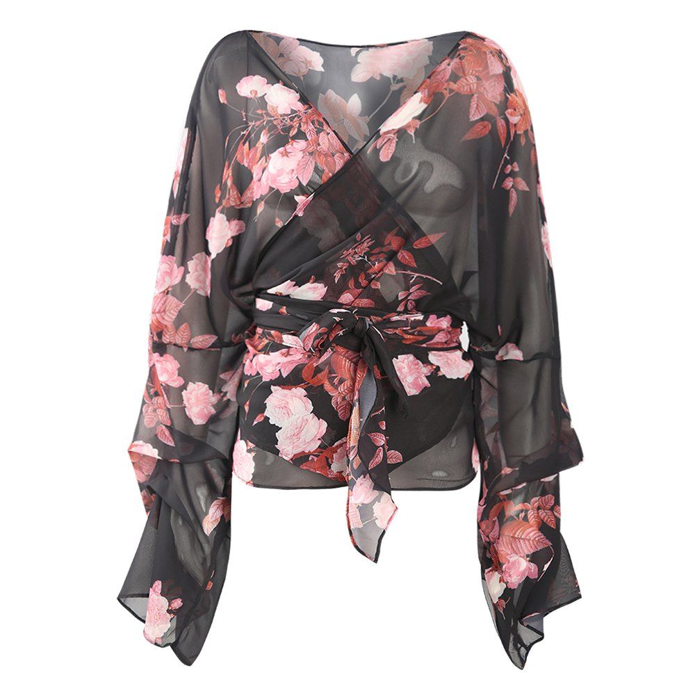 

KISSMILK Women'S V-Neck Lantern Sleeve Tie Chiffon Floral Print Top Multicolor, Multi-a